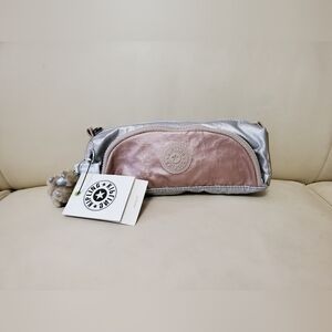 Kipling pouch/pencil case in metallic silver, gold, and pink